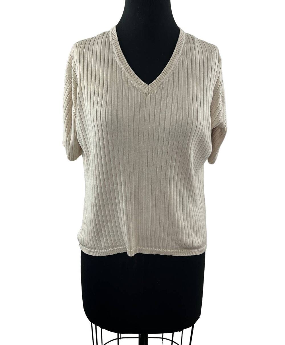 Vintage PAUL STUART Beige L Knit Sweater V-Neck Short Sleeve Pullover Regular